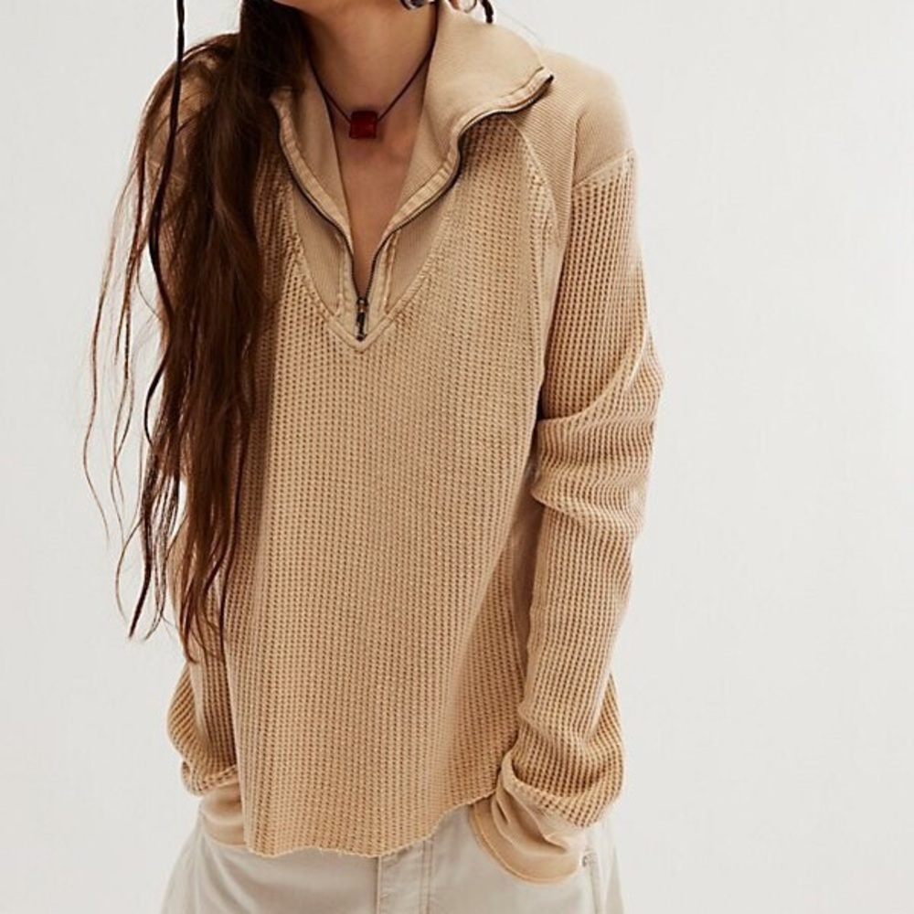 Free People Ashton Zip Thermal Waffle Top Shirt Rib Tan Brown Small
